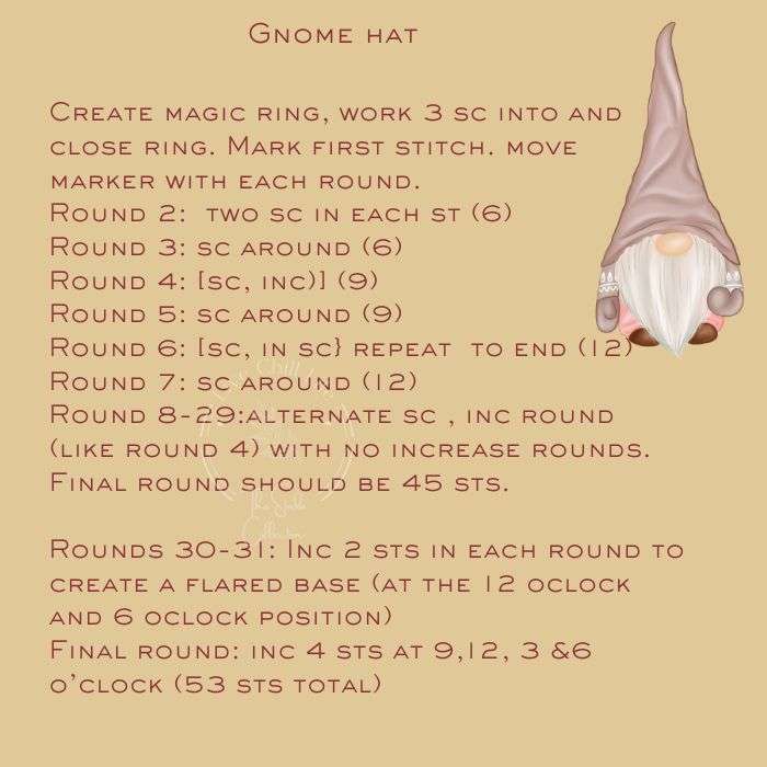Crochet gnome hat pattern instructions — cone shape worked in continuous rounds