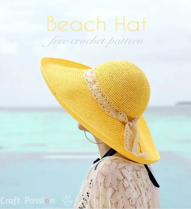 crochet sun hat on woman at beach