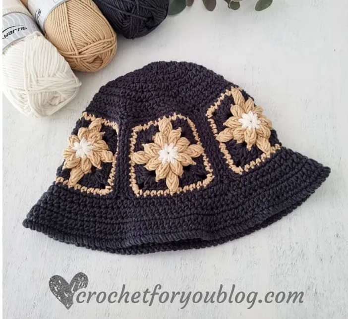 granny square black bucket hat with tan roses