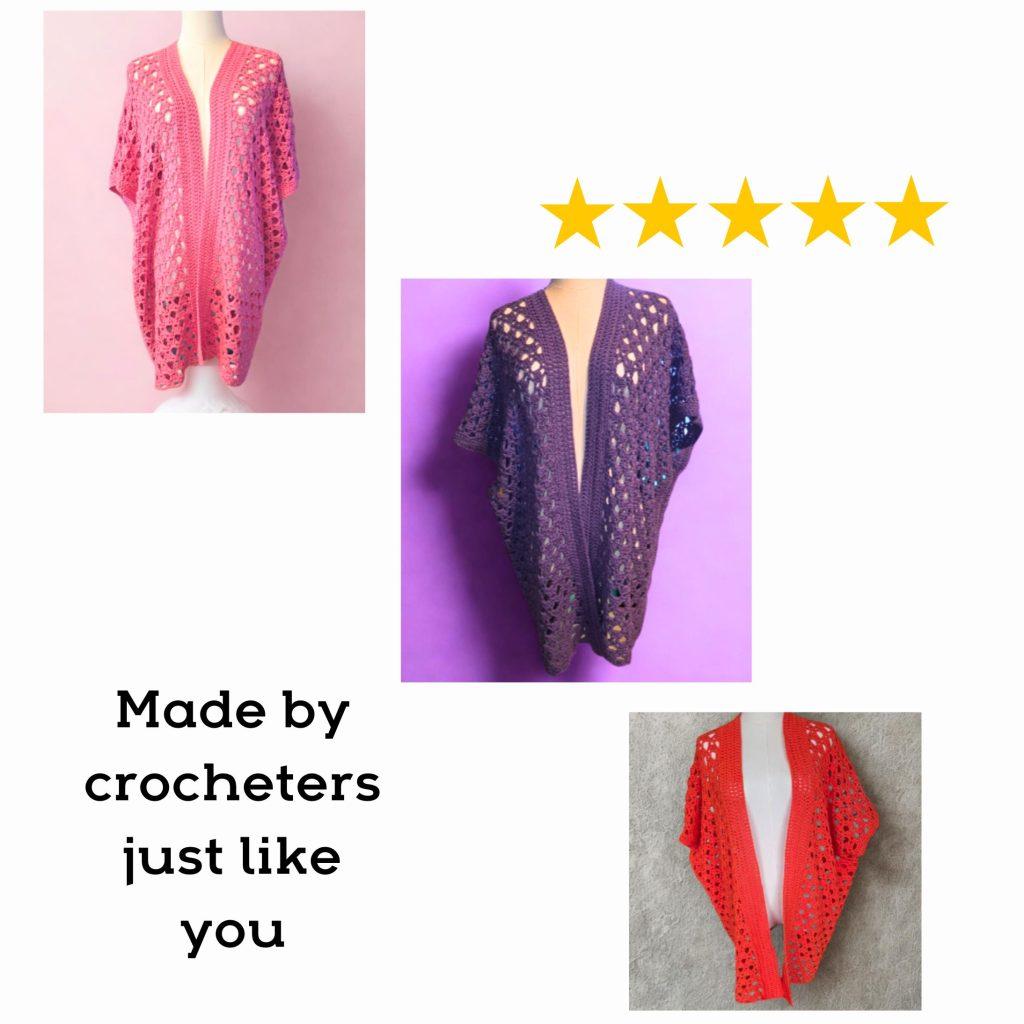 three versions of a crochet mesh summer cardigan using pink, purple and orange cotton yarns. the mesh looks easy breeze and summery. it shows a 5 gold star review.
