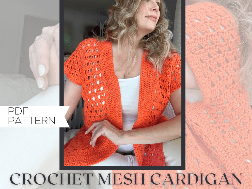 a cotton short sleeve crochet cardigan on a model. it is made with vibrant orange yarn.