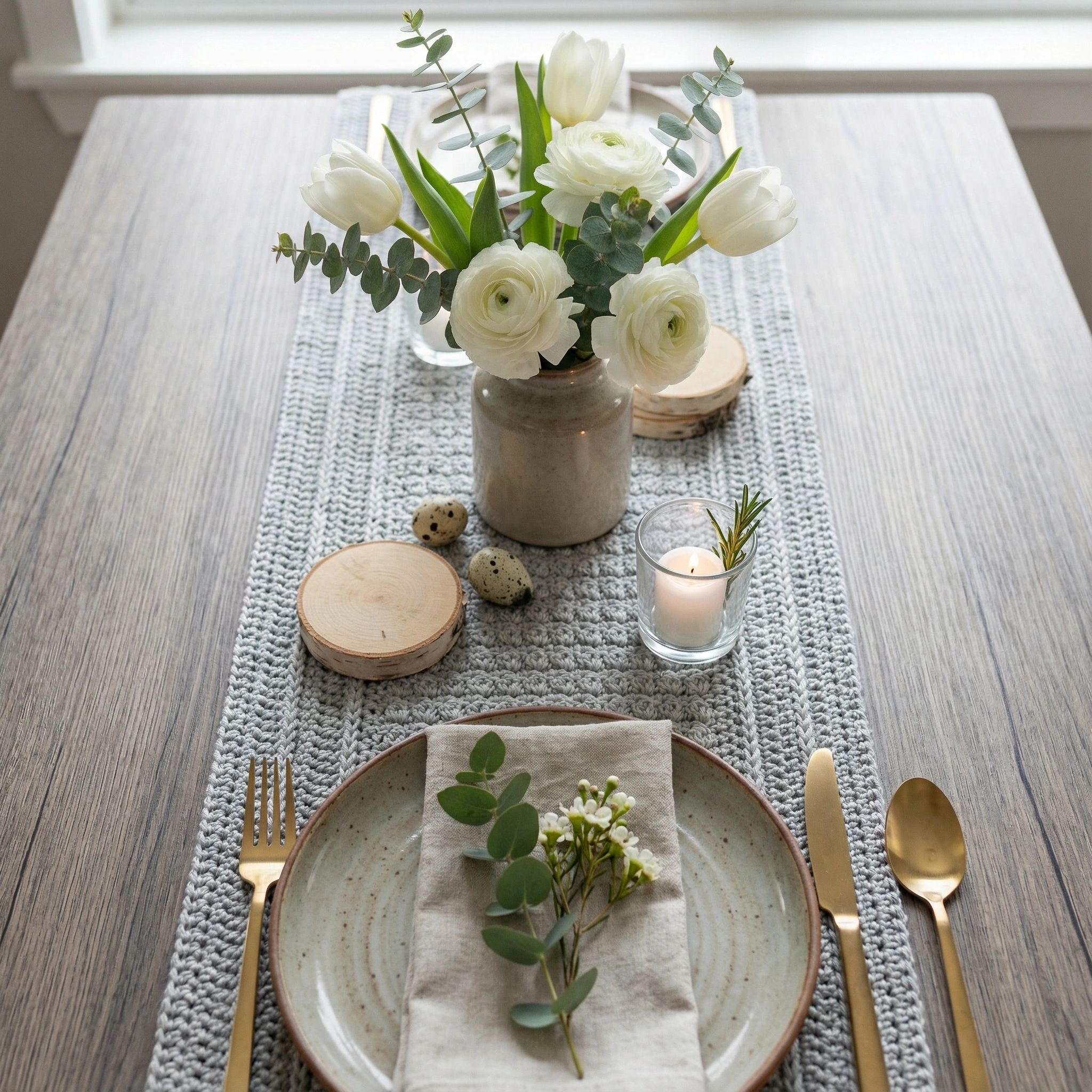 soft gray crochet table runner styled for spring with a floral bouquet and formal place setting