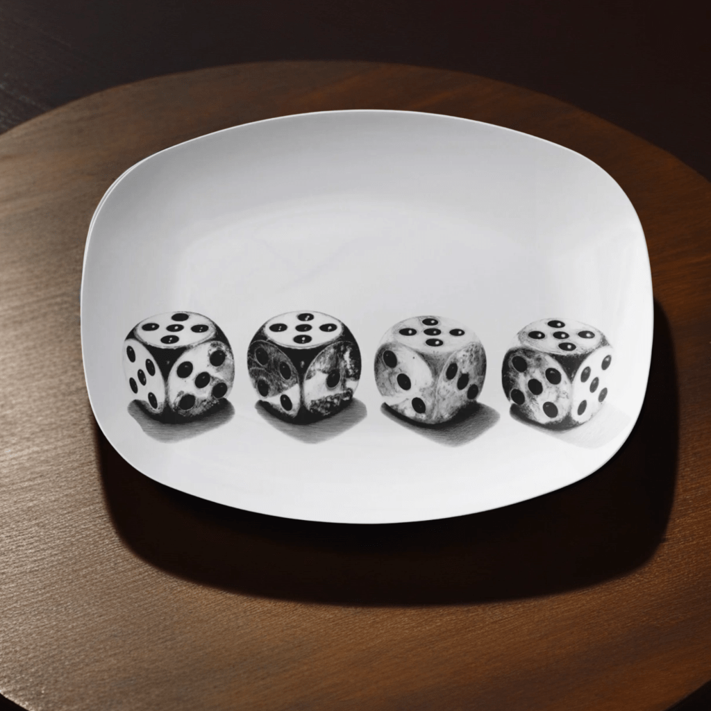 a dice themed tray on a wood table great for serving snacks at parties or game nights