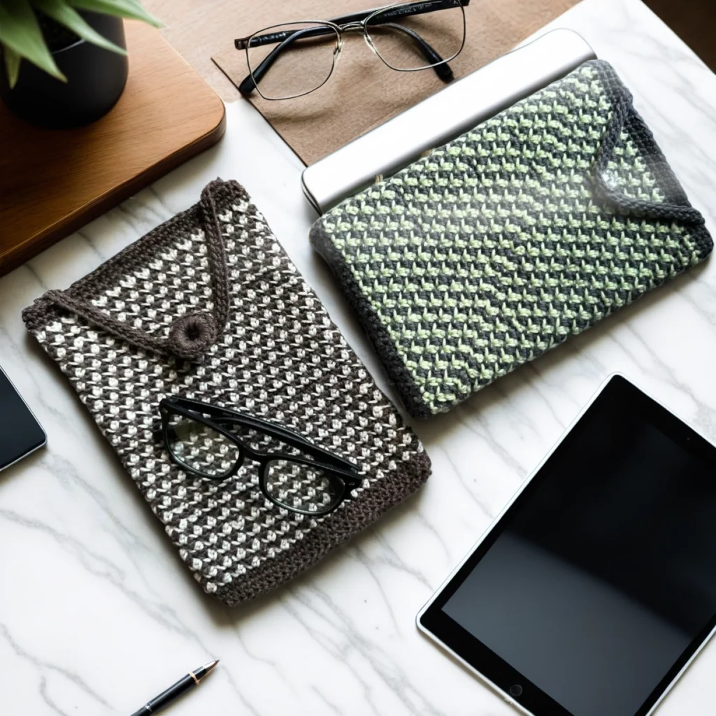 crochet ipad covered styled on a man's desk