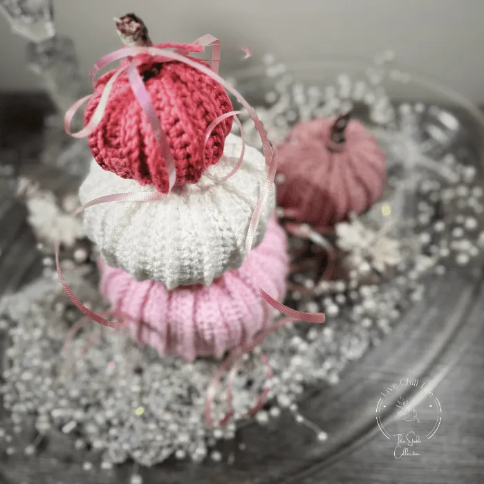 crochet pumpkins in pink with pearl spray