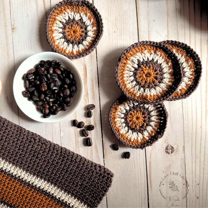 crochet coaster and potholder with coffee beans