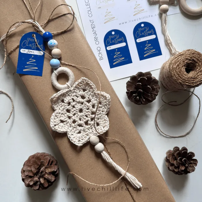 kraft paper gift wrap and crochet decoration