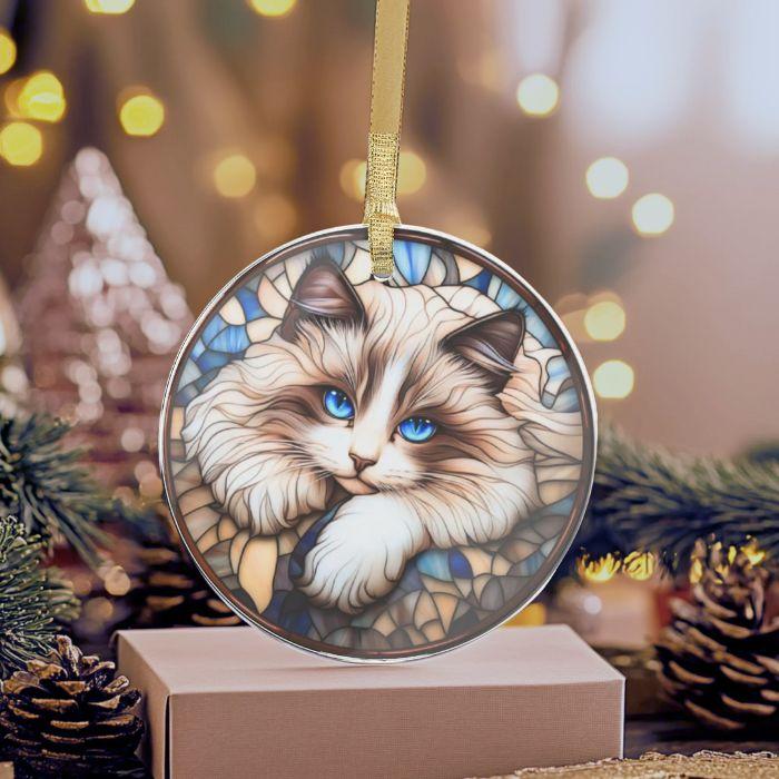 stained glass style acrylic ornament with a bicolor ragdoll cat