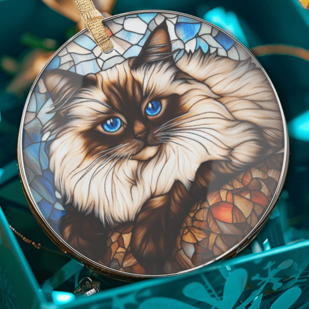 stained glass style acrylic ornament with a seal point ragdoll cat