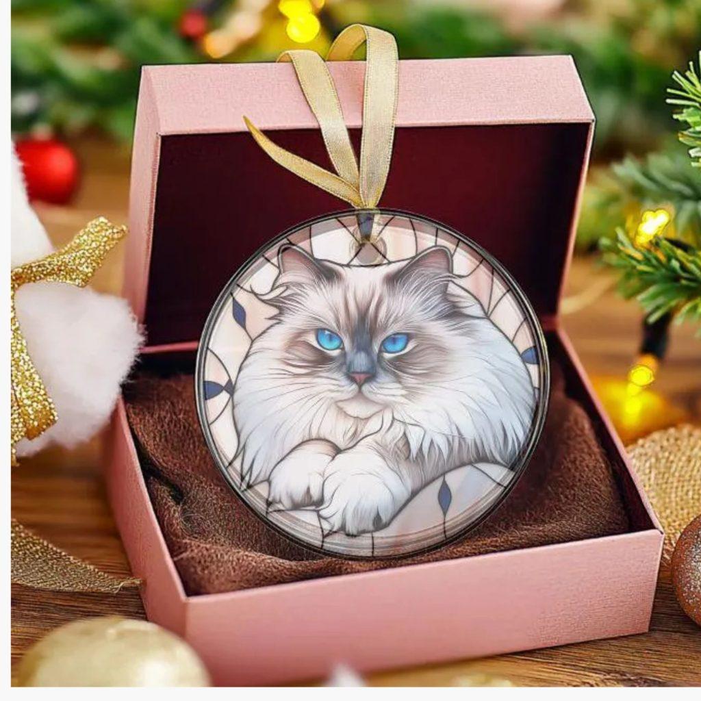 stained glass style acrylic ornament with a blue point ragdoll cat