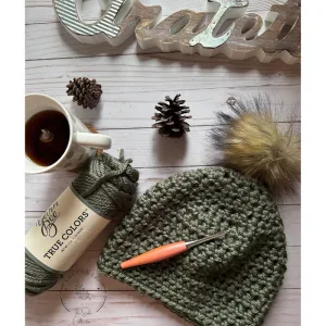 Chunky yarn crochet hat and cup of tea