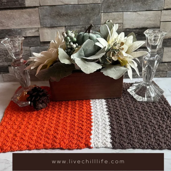crochet placemat, flower box centerpiece