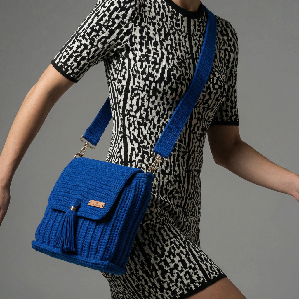 crochet crossbody bag made with royal blue yarn