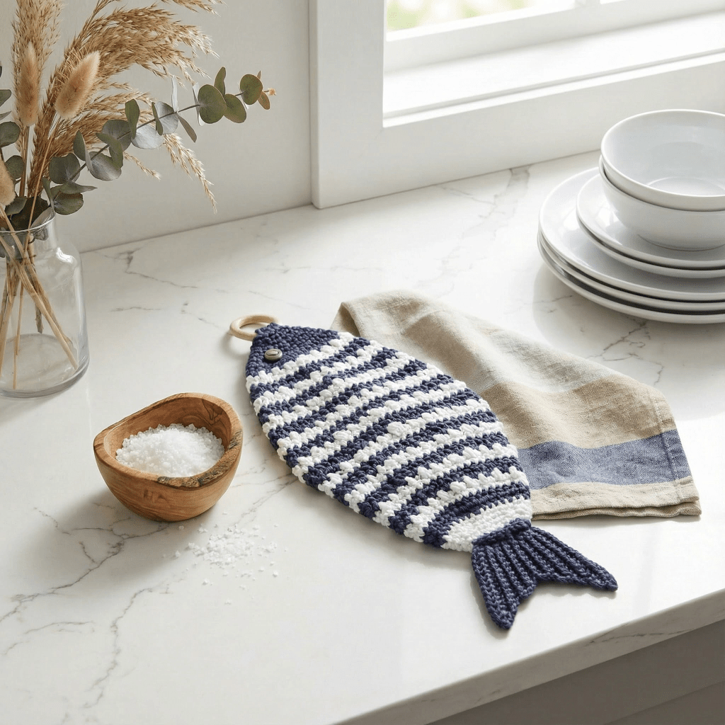 a crochet fish potholder in the style of a clownfish displayed on a bright cheery modern kitchen
