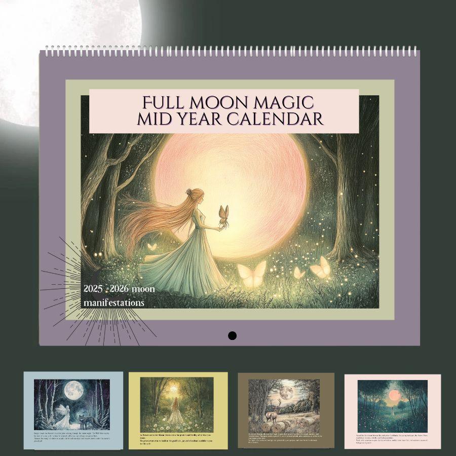 a full moon manifesting wall calendar. It shows nature witches in the full moon with crystals used to manifest