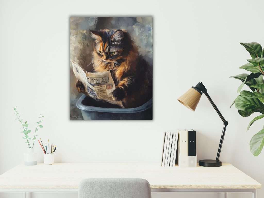 a work at home desk with a hung image of a cat in a litterbox reading a newspaper