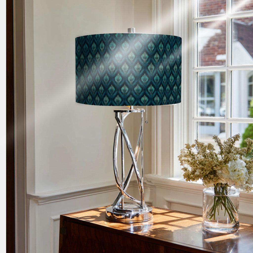 teal brocade lampshade on a modern chrome base