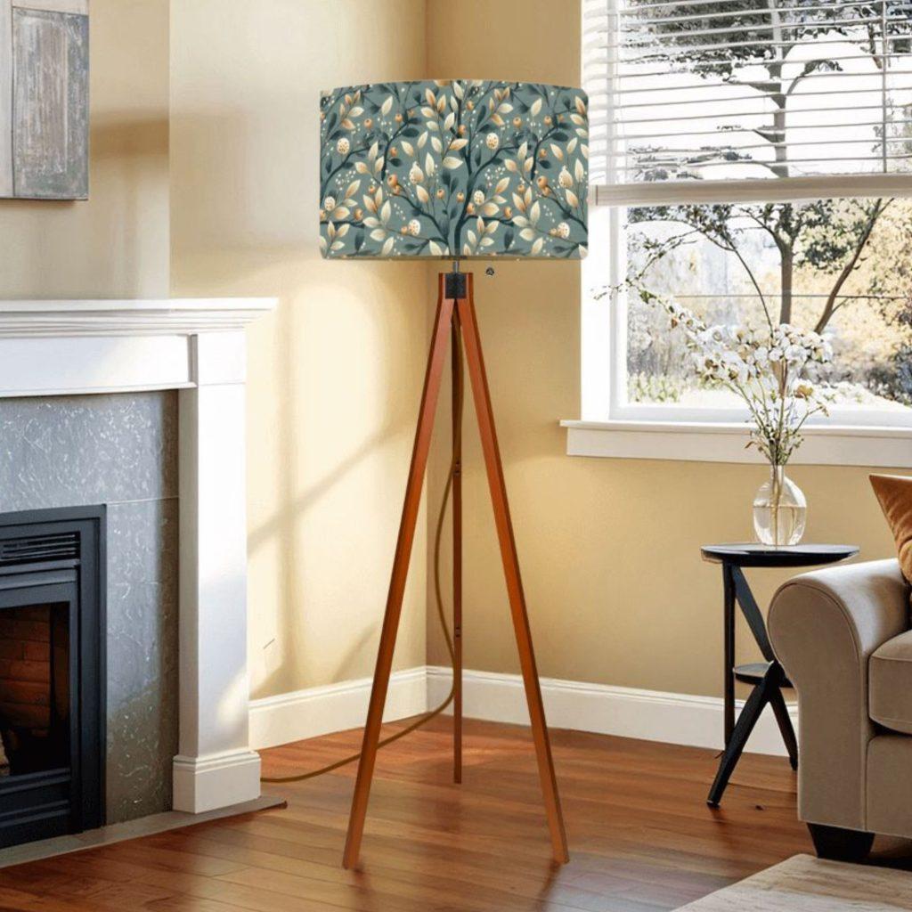 Floral fabric drum lamp shade, modern farmhouse and boho style lighting accessory, shown in warm neutral home décor setting.