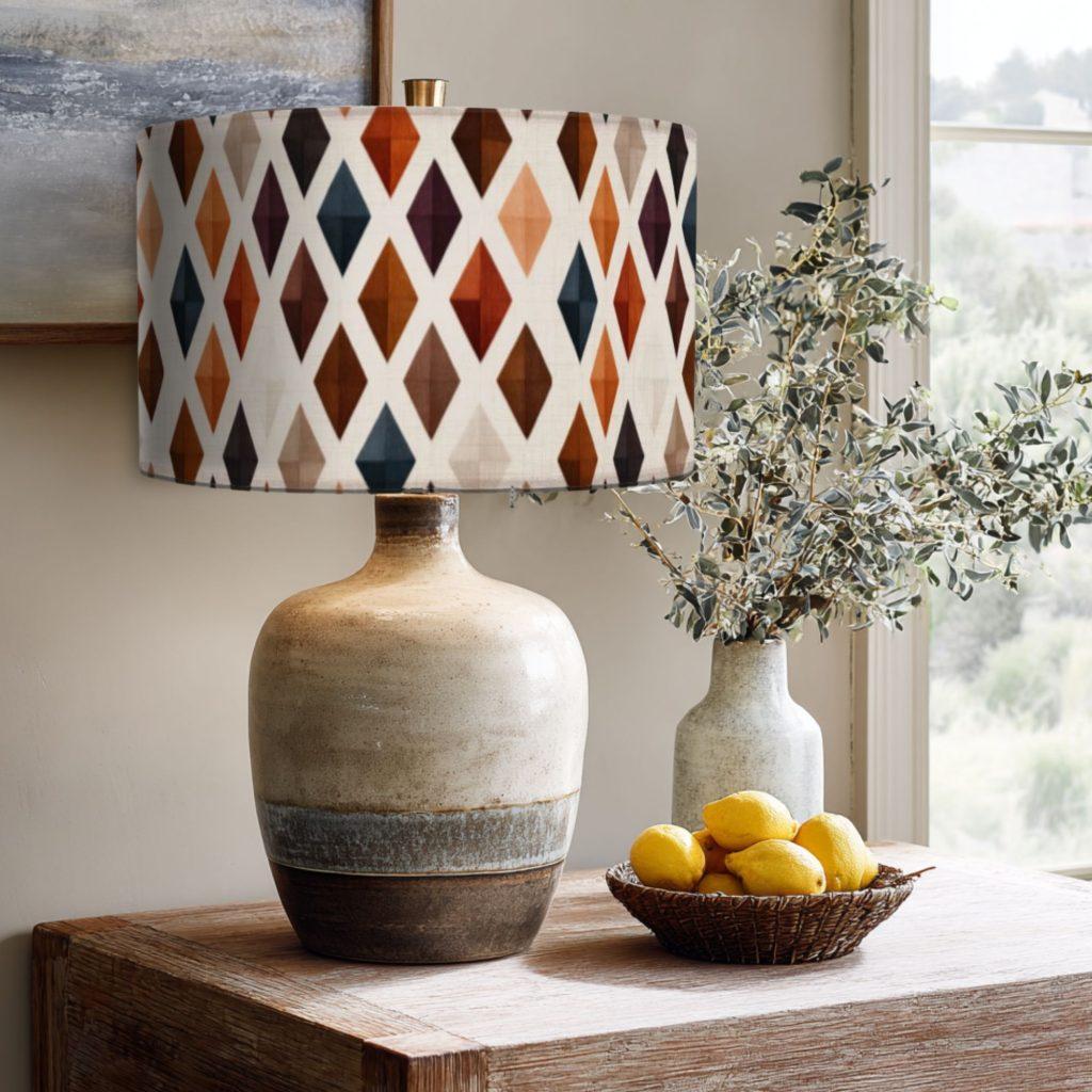 a wood look colorful table lamp in a cozy entryway