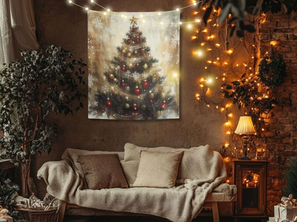 Dark boho living room with fairy lights creating a cozy atmosphere