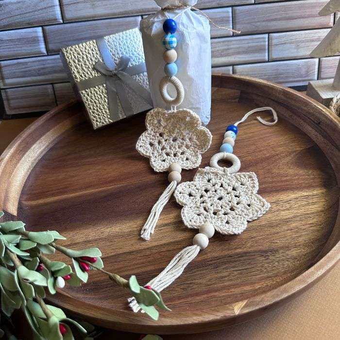 Crochet snowfllake with beads on a  ball jar gift wrapped
