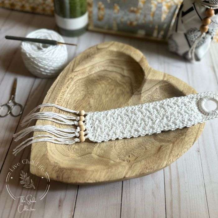Crochet bookmark in a heart shaped bowl