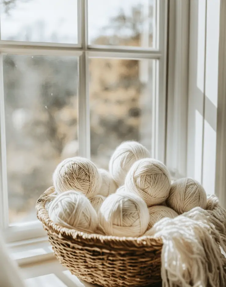 ivory yarn in a basket in front of a sunny window