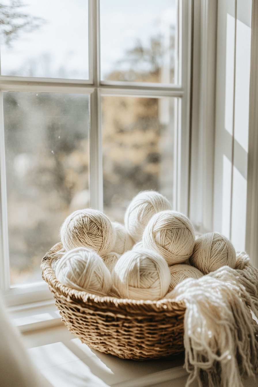 ivory yarn in a basket in front of a sunny window