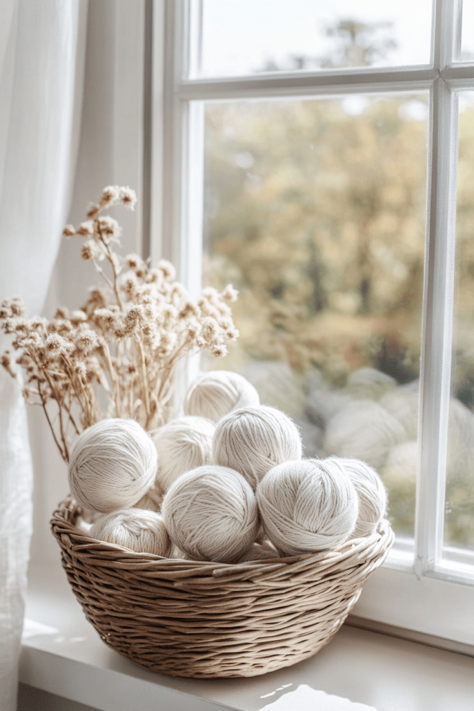 yarn in a basket by a sunny window
