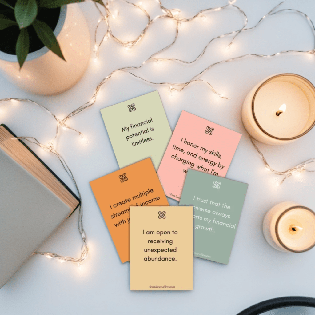 affirmation cards for abundance manifestiong laid out on a table with fairy lights and candles.