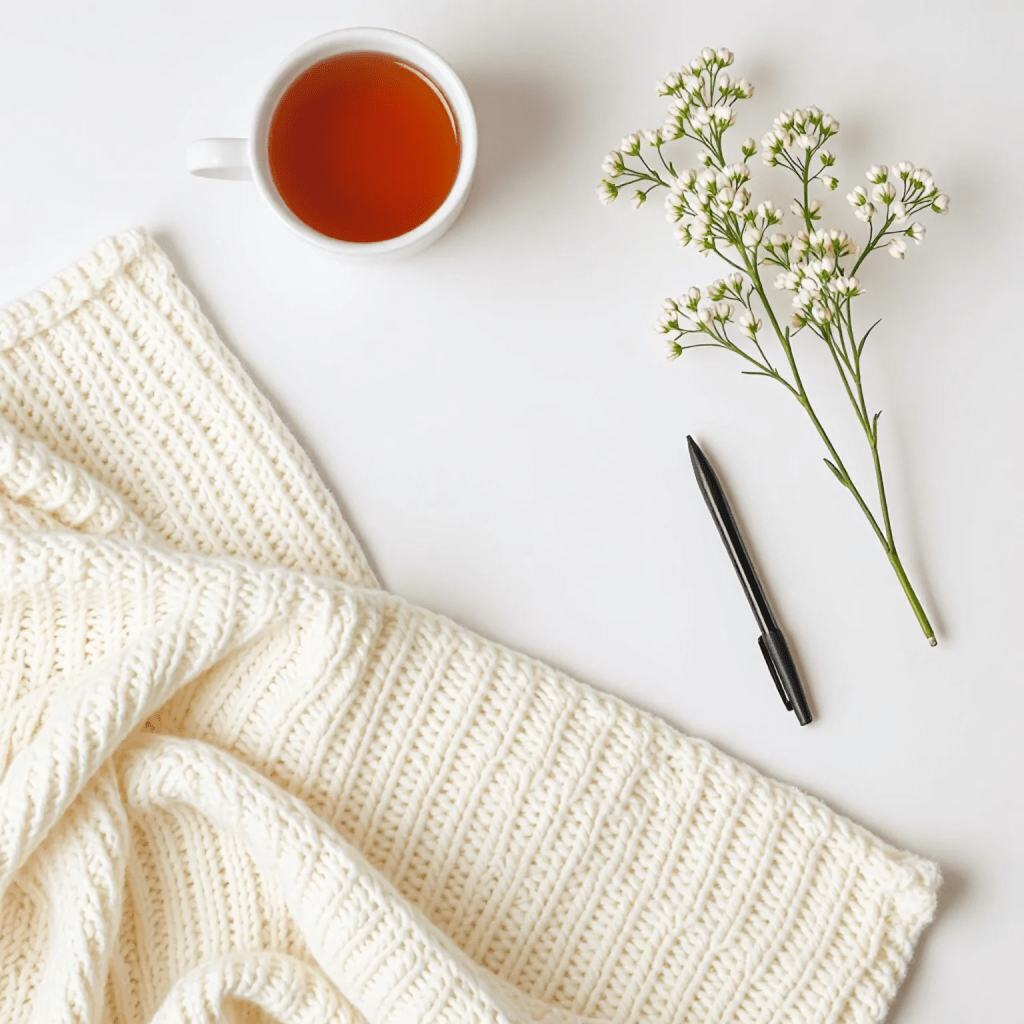 a white table with a knit ribbed blanket made with beige yarn, a writing pen, cup of black tea and a sprig of baby's breath