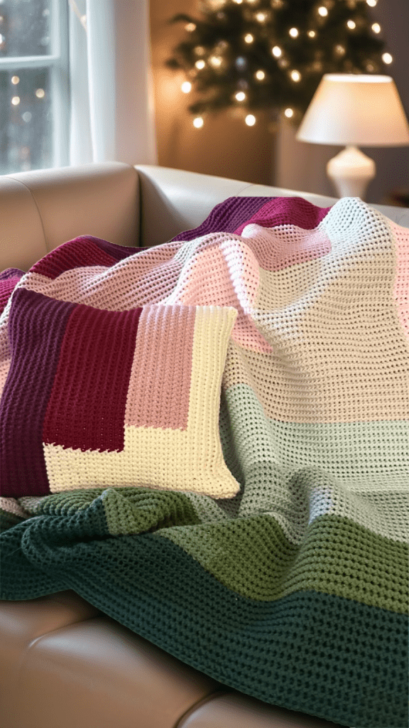colorblock crochet pillow and matching blanket in grandient christmas tones
