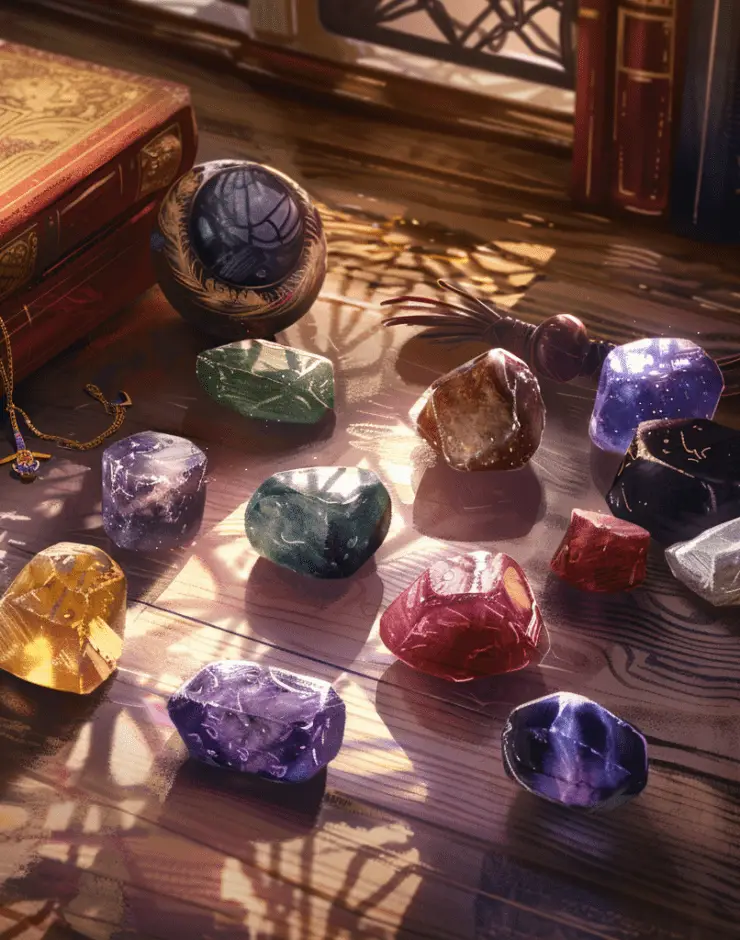 a variety of tumbled crystals laid out on a table with sunlight peeking through curtains