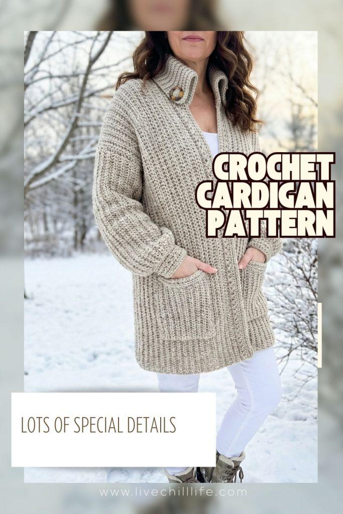 crochet cardigan made with oatmeal colored yarn, with pockets and a statement collar