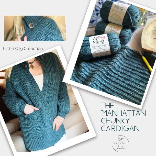 a chunky crochet cardigan made with teal blue yarn