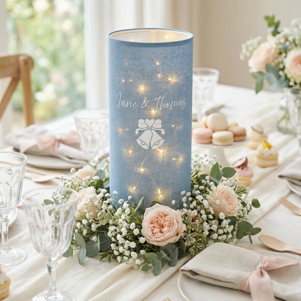 Custom blue table decor for bridal shower showing a blue lantern with fairy lights as a centerpiece personalized with couples name in blue linen