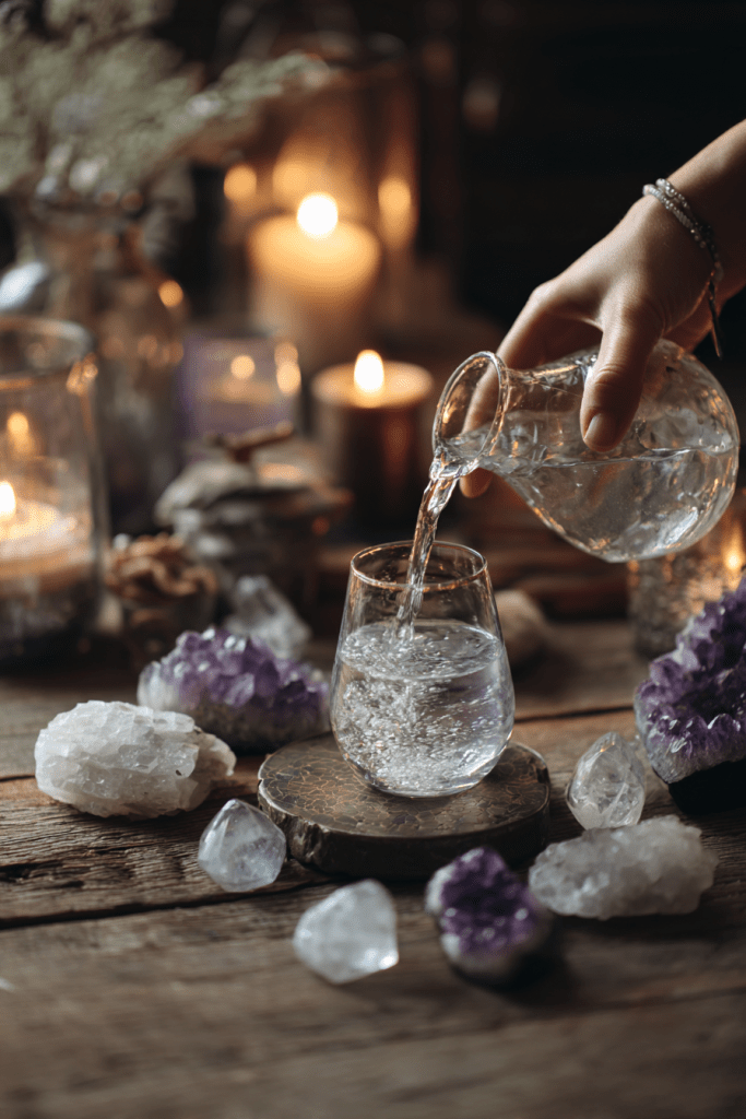 woman pouring moon water into a glass on a table surrounded with crystals