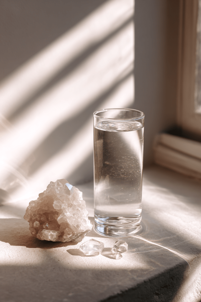 minimalist moon water aesthetic, clear cylindrical glass filled with water placed on a windowsill, pale moonlight casting long cool shadows, small cluster of crystals nearby, modern clean lines, neutral tones, soft glow with photographic realism, peaceful spiritual vibe
