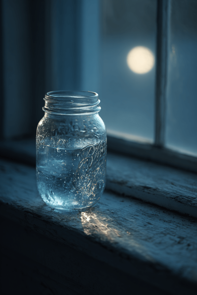 cozy spiritual ritual scene indoors, hands filling a clear glass vessel with fresh water, gentle lamplight and moonlight mixing softly