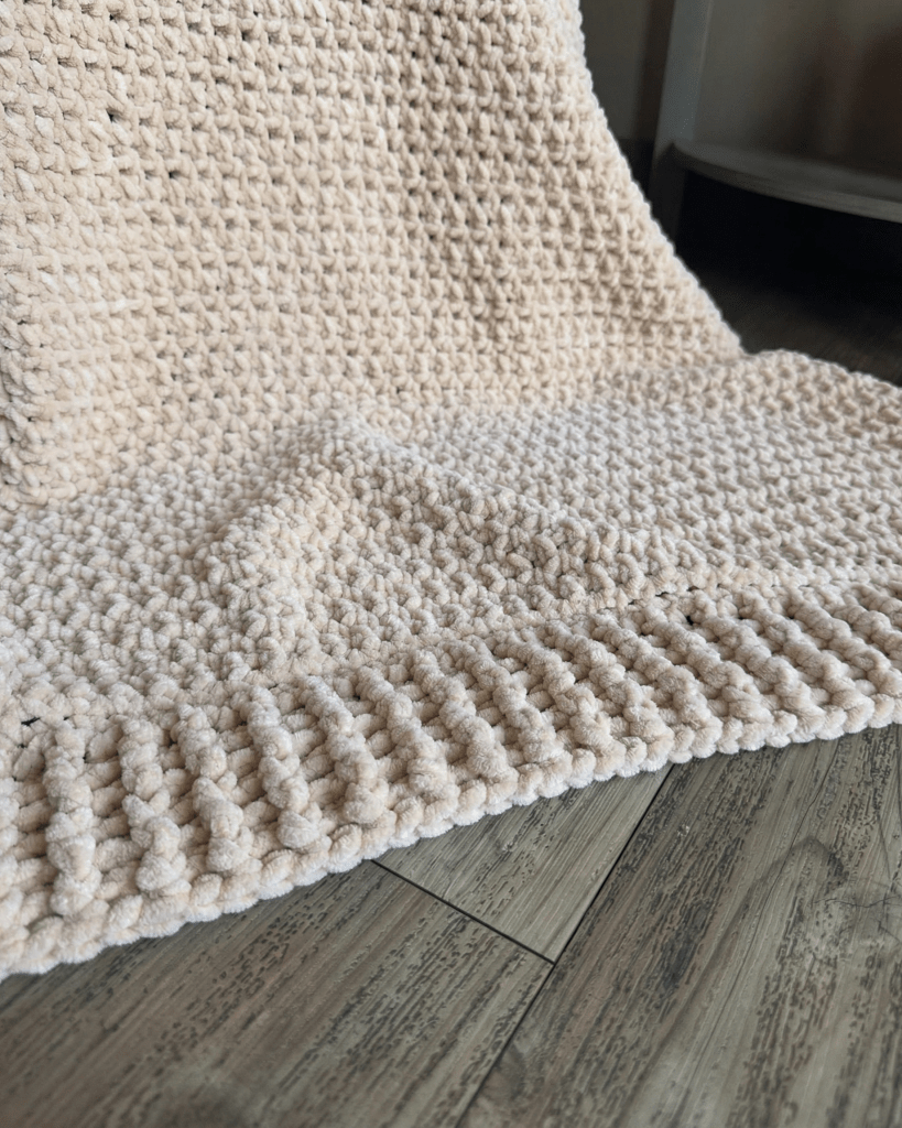 chunky chenille yarn blanket in beige color yarn