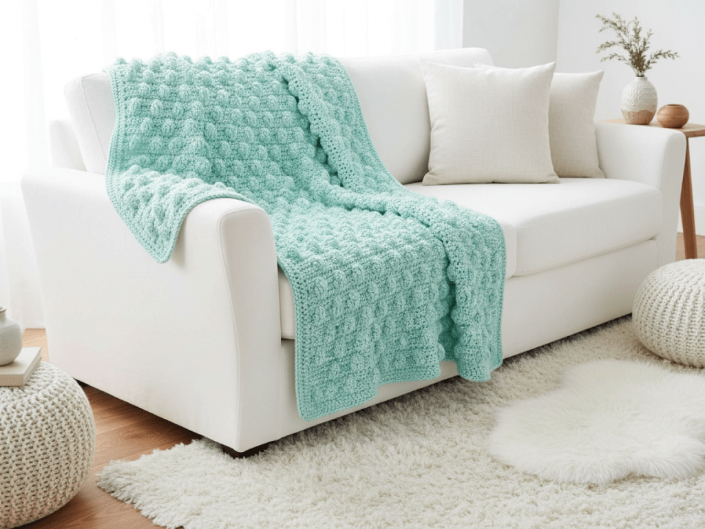 crochet bobble throw in an aqua color accenting a fresh white living room with fur white area rug, white sofa and knit footstools